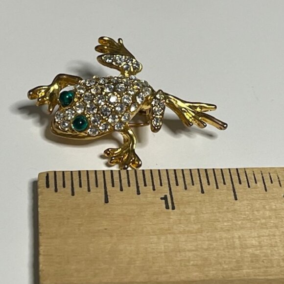 Clear Green Rhinestones Gold Tone Leaping Frog Brooch Pin 1.25" - Picture 13 of 14